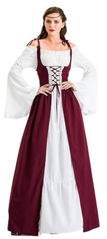 Velcoxplay Robe de Renaissance pour femme - Robe longue médiévale à manches trompettes - Costume victorien - Rouge - Taille S