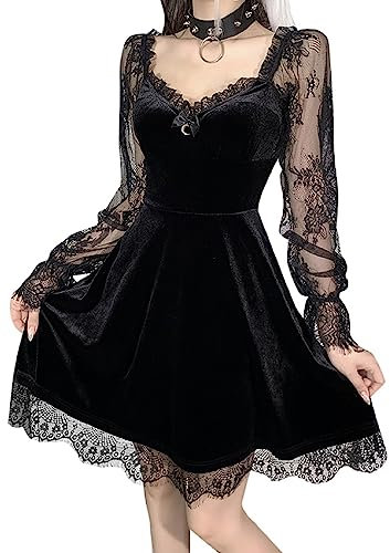 YINGWIN Lace Trim Velvet A-Line Gothic Lolita Dress Women Sexy Long Sleeve V Neck Slim Mini Dress Cosplay Party Costume Dresses Black