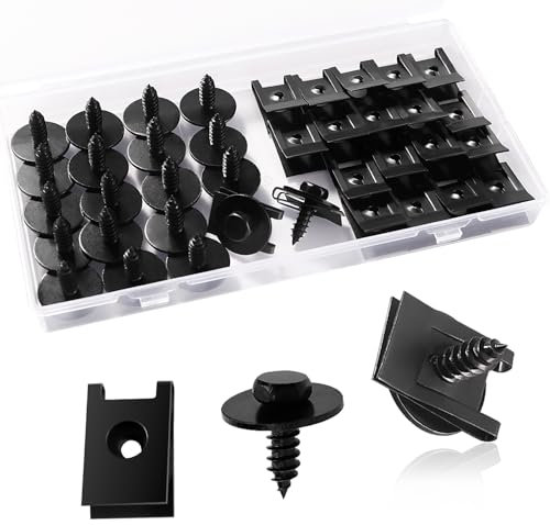 VooGenzek 40 Stücke Schraube Mutter Clip Kit, Kotflügelclip Blechmutter Befestigung, Blechschrauben Kotflügel Befestigung Blechmuttern Sortiment, mit Schrauben für Auto, Schwarz