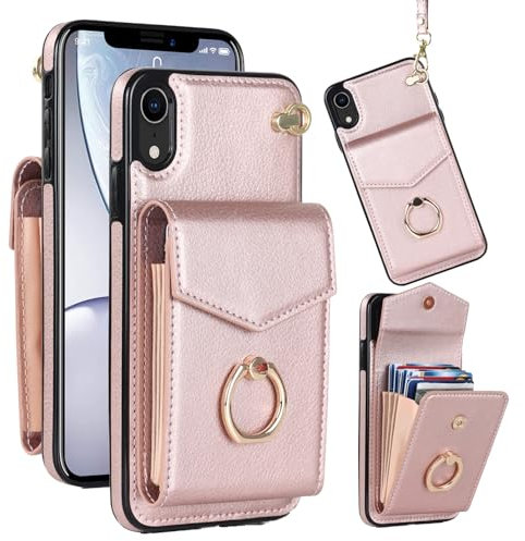 Knoowcase for iPhone X Case iPhone XS Phone Case Shockproof Wallet Case with Card Holder Slots Ring Wrist Strap PU Leather Shell RFID Blocking Kickstand Magnet Full Protective Cover, Rosegold