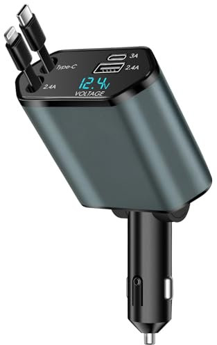 Caricabatterie Auto 66W 4 in 1 Retrattile 12/24V, Adattatore Con Cavi 60cm per iPhone USB C, Accendisigari Ricarica Rapida, per iPhone, Galaxy, Pixel, Huawei