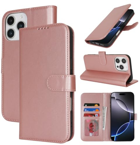 Zouzt Wallet Case for iPhone 16 Pro (6.3), Card Holder, Rose Gold | Premium PU Leather, with Credit Slot, Shockproof TPU Shell, Magnetic Closure, Protective Flip Folio Phone Cover, Women Men