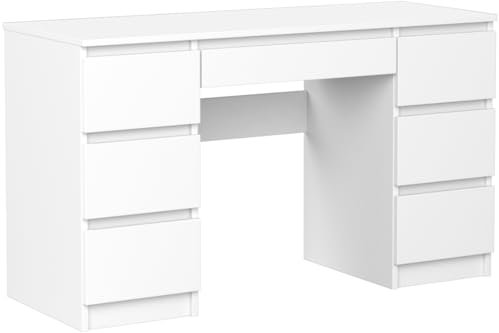 VBChome 130 x 50 x 76 cm Weiß Matt mit 7 Schubladen Computer-Bürotisch Computertisch Arbeitstisch PC-Tisch Laptoptisch Weiß Matt