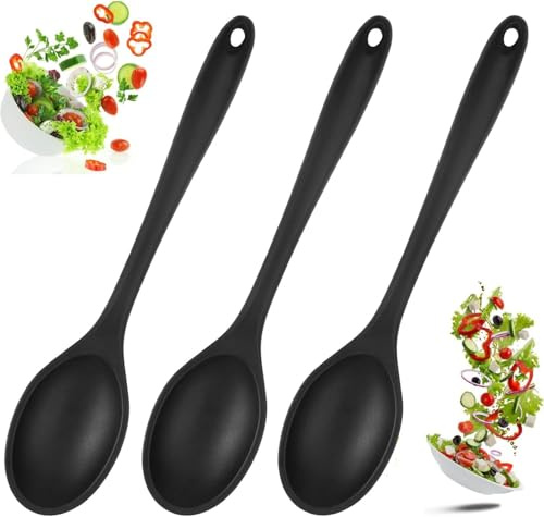 3 Stück Kochlöffel Silikon, 27.6cm Silikonlöffel Schwarz Rührlöffel | Hitzebeständig Silikon Kochlöffel, Antihaft Servierlöffel Kunststoff, Küchenutensilien für Kochen Rühren Mischen Servieren