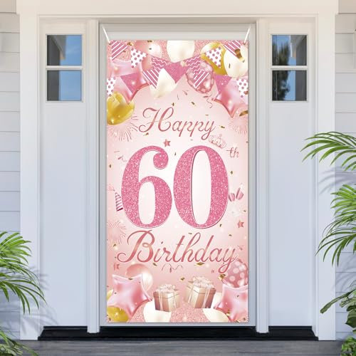PartyYaa 60. Geburtstagsbanner Deko, 60. Geburtstag Tür Banner, Rose Gold Happy Birthday Banner Türabdeckung Fotoautomaten Schild Poster Party Deko für Drinnen und Draußen