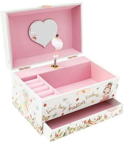 Portagioie musicale per bambini, carillon per bambini con piccola principessa girevole, portagioie musicale per bambini con cassetto per età 3-10 bambine, 17,8 × 11,2 × 9,7 cm