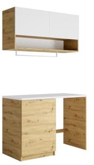 Vente-unique-Meubles de buanderie pour Machine à Laver avec Plan de Travail - L122 cm - Blanc et Naturel Clair - NATAJI