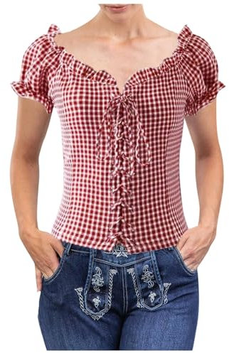 Generisch Dirndl Chemisier Dirndl pour femme Jupe traditionnelle Midi Fête de la bière Chemise boutonnée à carreaux avec taille, rouge, L