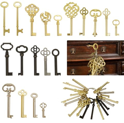 Set di 19 chiavi a scheletro universali, per mobili antichi, mobili antichi, ante di armadi, orologi a nonno, armadi o porte in stile antico