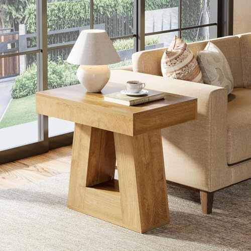Tribesigns Moderner Beistelltisch, 2-stufiger schmaler Beistelltisch aus Holz mit trapezförmigem Fuß, 60 cm Kleiner Nachttisch im Landhausstil für Wohnzimmer, Schlafzimmer, natürliche Holzfarbe
