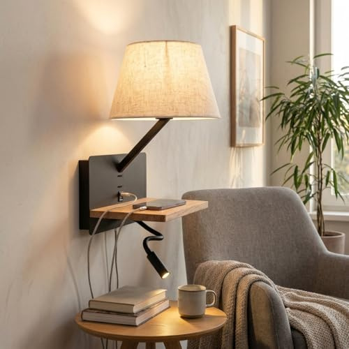 BARCELONA LED Wandleuchte LED Leseleuchte mit USB & USB-C, Warmweiß 2700K, Stoffschirm Beige, Flexarm 3W verstellbar, Holzablage, Schwarz, Nachttischlampe Schlafzimmer Hotel Modern Vintage