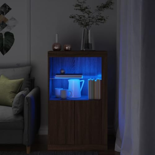 mtlskopl Armoire d'appoint avec LED RVB - 60,5 x 37 x 100 cm - Bois dérivé du bois marron chêne - Étagère en verre - Pour salon, bureau, couloir, chambre à coucher