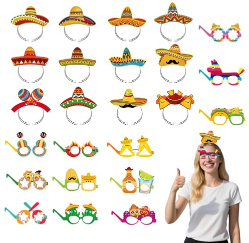Copbopwn 12 Pcs Sombrero Party Hats and 12 Pcs Party Glasses Mask，Sombrero Headband Mexican headband Paper Fancy Party Eyeglasses Novelty Mexican Fiesta Glasses Photo Props Supplies
