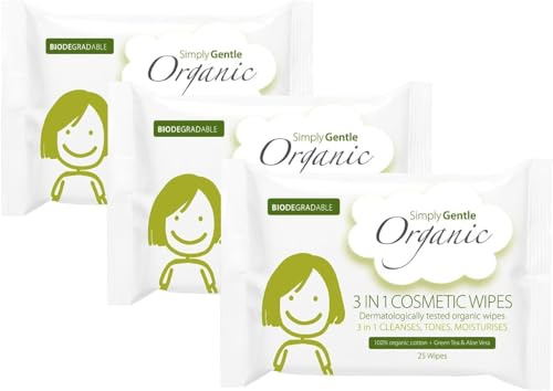 Simply Gentle Organic 3-in-1 Face Towels, Cosmetic Wet Wipes, 100% Cotton Pads, Makeup Remover, Plastic Free, Water formula, tested for Sensitive Skin Cleansing Pads, Moisturise, 75 count (Pack of 3)