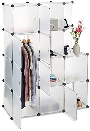 Relaxdays, transparent Regalsystem mit 10 Türen, DIY, Ablagen, Kleiderstange, Kunststoff, Metall, HBT: 146x110x46 cm, Standard