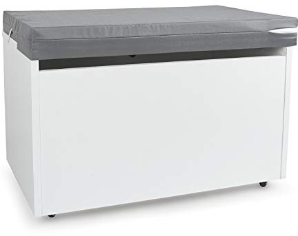 leomark Caja de Madera Blanca para Juguetes 71x40x46 cm Blanco con Colchón | Blanco Caja de madera banco XXL, con Asiento, Baúl de juguetes sobre ruedas + Almohada, Dim: 71 cm x 40 cm x 45 cm /WxDxH/