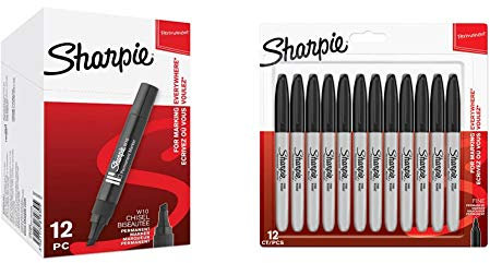 Sharpie W10 Permanent Markers | Chisel Tip | Black Ink | 12 Count & Permanent Markers | Fine Point | Black | 12 Count