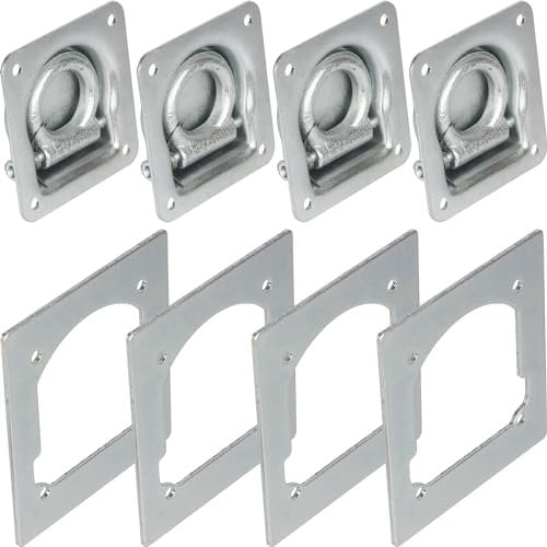 Safetytex Zurrmulde + Gegenplatte - Ladungssicherung 800kg - Ausklappbarer Ring & Rückholfeder - 95x100mm - Montageplatte 115x125mm - Ladungssicherung PKW Anhänger (4 Stück)