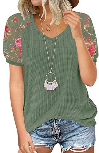 MIHOLL Women's Lace Short Sleeve V Neck Shirts Loose Casual Tops Tee Shirt, 02_ Army Green, XXL
