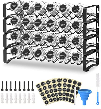 Mutool Spice Rack with Jars 4 Tiers Spice Racks Freestanding Spice Jars with Lids and Labels Spice Rack Wall Mounted with 24pc Glass Jars 80pc Labels 1 Pen 1 Funnel and 1 Brush(Black)