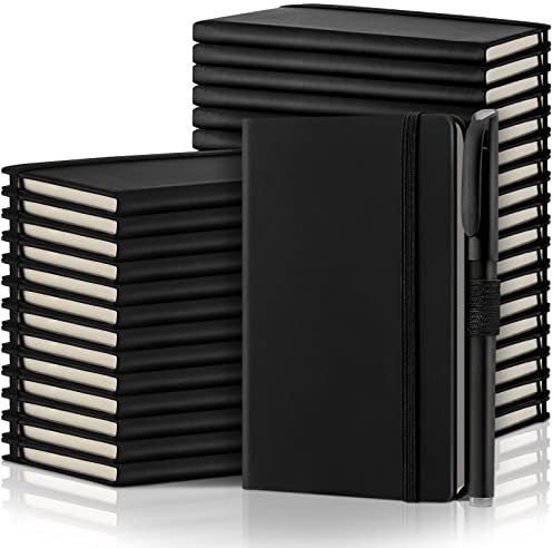 Laumoi 36 Sets Pocket Notebook Journals with Pens A6 Cute Small Journal Notebook Ruled Lined Mini Notepad Hardcover Executive Notebooks Set with Pen Holder for School Office, 3.7 x 5.7 Inch (Black)