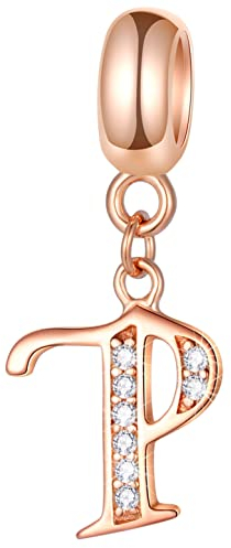 Oro rosa Lettera P Charms Alphabet Beads si adatta Pandora Style Bracciali, 925 Sterling Silver Initial P Dangle CZ Birthstone Collana Pendente, per Party/Genitori/Regali di Festa della Mamma