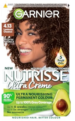 Garnier Nutrisse Ultra Crème Permanent Hair Dye, 4.13 Luminous Chestnut | Up to 100% Grey Coverage, Rich Long-Lasting 8-Week Colour, 5x Stonger, 2x Shiner Hair, No-Ammonia, Vegan Formula