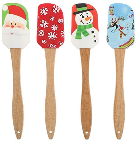 Teigschaber Weihnachten Für Die Küche, 4 Stück Silikon Spatel Weihnachten, Küchenspachtel Aus Silikon Weihnachtsspatel Mit Holzgriff Zum Backen Kochen Und Weihnachtsgeschenken