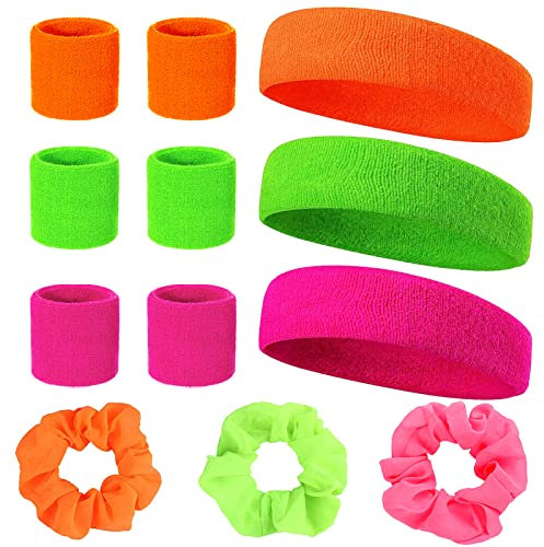 Neon 80er Schweißband Set 9-Teiliges Jahre Schweißband Stirn Schweißband Handgelenk und 3 Stück Schöne Fluoreszierende Farbe Neon Haargummis Retro Party Accessoires Für Damen und Herren in 3 Farben