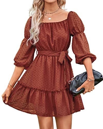 BebreezChic Sommerkleid Damen Frühling Elegant Langarm Hochzeitsgast Einfarbig Off Shoulder Swiss Dot Luftig Sommerkleid Minikleider Partykleid Strandkleid mit Gürtel, Rot-Orange M