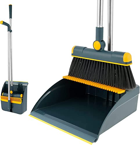 Gusengo Balai Brosse Et Pelle, Pelle À Poussière Et Brosse À Long Manche, Ensemble Balai Et Pelle À Poussière Verticale Rotatif À 180 ° avec Dents Balayette Et Pelle À Balai pour Maison Bureau