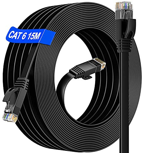 CAT 6 Cavo Ethernet 15 metri, Lungo Cavo Lan 15 metri Piatto Cavo Internet ad Alta Velocità 10/100/1000mbit/s Cavo di Rete Rj45 15m Cavo Patch per Switch Router Modem TV PS4/5 PC (15 Clips)