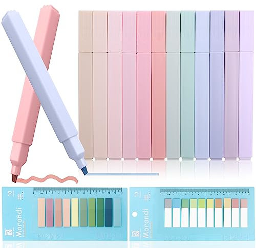 Scettar 12 Pezzi Evidenziatori Pastello, Evidenziatori Estetici dai Colori Delicati, Carta Anti-Tracciamento + 300 Foglietti Adesivi per Scuola/Ufficio/Manuale/Appunti.