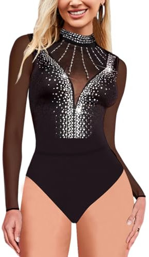 SEBOWEL Damen Sexy Sheer Mesh Body Strass Durchsichtige V-Ausschnitt Bodysuit Tops Schwarz S