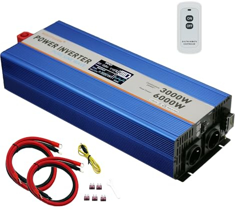3000W Pure Sinus Wave Power Inverter Peak-6000 Watt, DC 12V bis 230V, mit 2xAC, 2xUSB Port, 18W Typ-C Schnellladeanschluss, LCD Digital Display, Wireless Fernbedienung Schalter