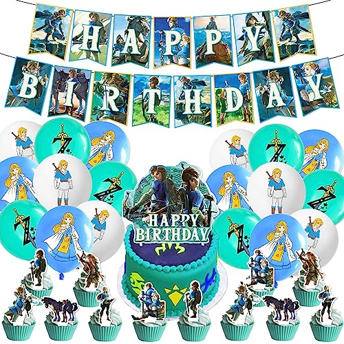 Deluisho Zelda Birthday Party Decoration, Zelda Party Supplies, Popular Game Balloon Children's Birthday Party Decoration Set Flag Pulling Latex Aluminum Film Balloon Combination