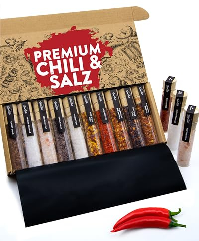 TIMBER TASTE® Scharfes Salz & Chili Gewürze Geschenkset [BIS 950.000 SCOVILLE] - Erlesene Salze & Chilli Gewürze aus aller Welt - Besonderes Gewürz Geschenk für Männer & Frauen - 10er Set