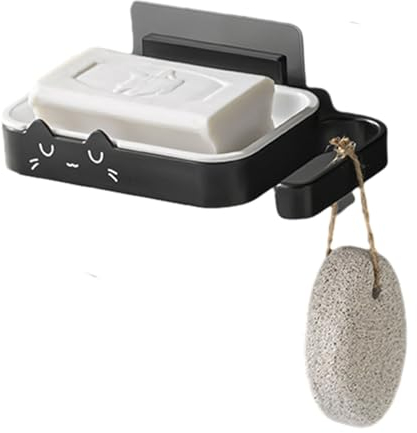 Seifenschale ohne Bohren, Kunststoff Seifenschale Wandmontage mit Abfluss, Süßer Seifenhalter in Katzenform mit Haken, für Duschräume, Küchen, Waschbecken