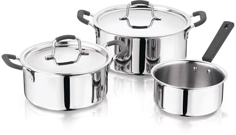 Batería de cocina 2 cacerolas Ø20Ø24cm + Cazo Ø16cm en acero inoxidable y mangos de silicona MasterPRO
