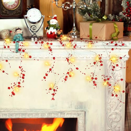 APODESS 2M 20LED Beerengirlande Tannengirlande mit Beleuchtung Weihnachtsgirlande Weihnachtsbeleuchtung Fenster Led Weihnachtsdeko Fensterbeleuchtung Weihnachten Batterie für Balkon Fensterdeko