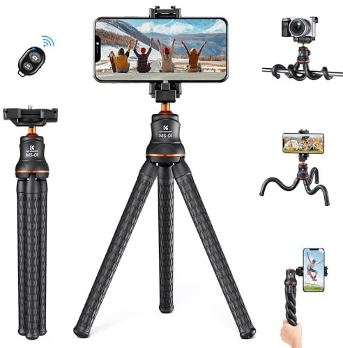 K&F Concept Phone Tripod, Mini Flexible Tripod for Camera with Bluetooth Remote, 1/4'' Screw Hidden Phone Holder with Cold Shoe Mount, 3kg Load Capacity