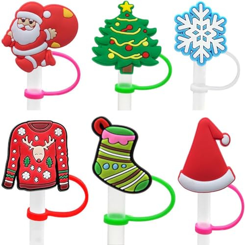 Lot de 6 capuchons de paille de Noël pour tasse Stanley – Bouchon de paille en silicone avec poignée – Couvercles anti-poussière et réutilisables de 10 mm pour gobelets Stanley – Couvercles à bout de