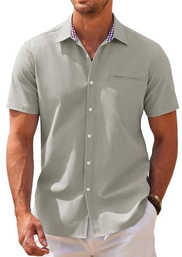 COOFANDY Men's Shirts Short Sleeve Casual Shirt Dress Oxford Shirt Summer with Checked Collar Business Button Down Shirts Khaki M