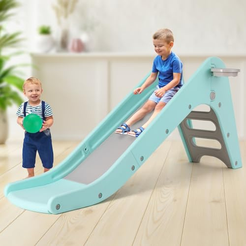 MAMIZO Freestanding Toddler Slide, 2 in 1 Large Ladder and Extend Slope Slide, with Basketball Hoop & Ball, Indoor/Outdoor Garden Play Equipment for 3 Years+ (Robin Egg Blue)