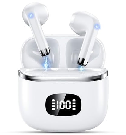 Wireless Bluetooth Headphones, Bluetooth 5.3 Earphones with ENC Reduction Headset, 40 Hours Playtime with LED Display, Hi-Fi Stereo Sound, IP7 Waterproof, Touch Control Bluetooth Headset, White
