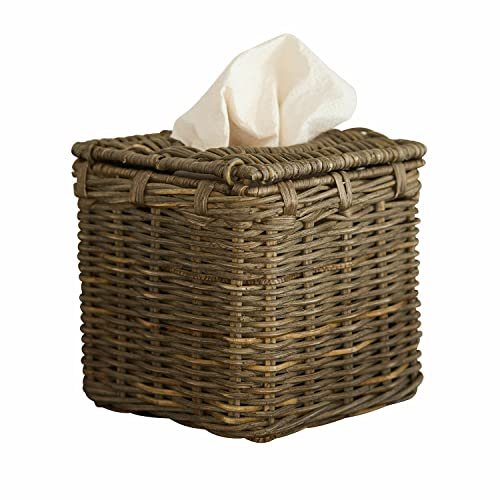 Loberon Taschentuchbox Livry, von Hand geflochten, einfach zu befüllen durch aufklappbaren Deckel, Natur-Look, Badzubehör, Badutensilien, Rattan, Eisendraht, braun