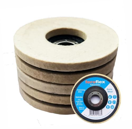 Feroflex® Lot de 5 disques de polissage en feutre de laine, 125 mm, pour meuleuse d'angle, feutre de laine pour métal, marbre, bois
