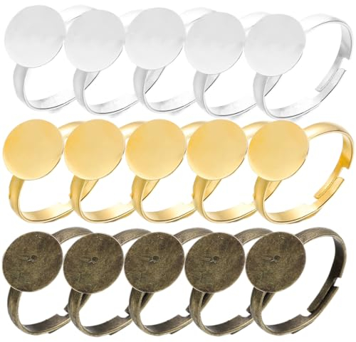 RDNKVB 15pcs 10mm Ringrohling Basen Ring Lünette Rohlinge Fingerringe Verstellbar Fingerring Komponenten Flache Runde Pad Ring Basis Ergebnisse für DIY Schmuck Machen