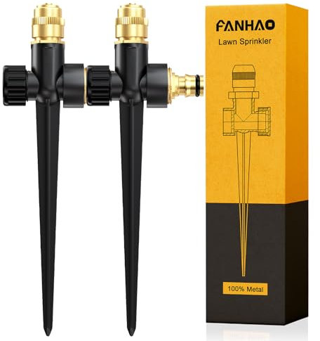 FANHAO Aspersor de Metal para césped, Paquete de 2 aspersores automáticos de Agua de jardín en Base de Pico, Boquilla de rociador de latón Ajustable de 360 Grados, Cobertura de área Grande para