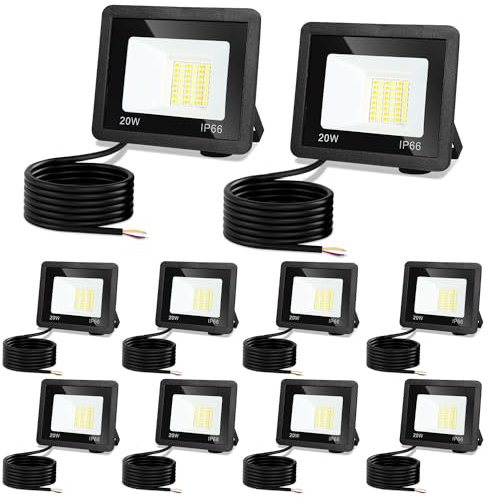 Jiubiaz LED Strahler Außen 20w, 3000K/4000K/6500K LED Strahler Dimmbar, Superhell LED Fluter Flutlichtstrahler, IP66 Wasserdicht LED Scheinwerfer Aussenstrahler für Hof, Garten, Garage(10 Stück)